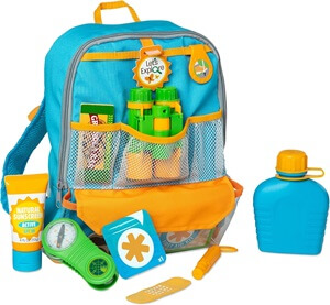 Melissa & Doug Let's Explore Hiking Play Set – 23-piece hiking set with pretend snacks and nature gear.